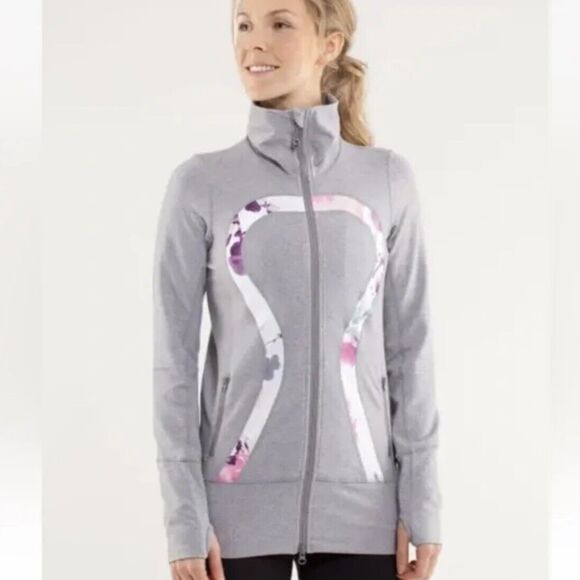 Lululemon In Stride Full Zip Gray Floral Jacket Size 6 - Picture 1 of 8